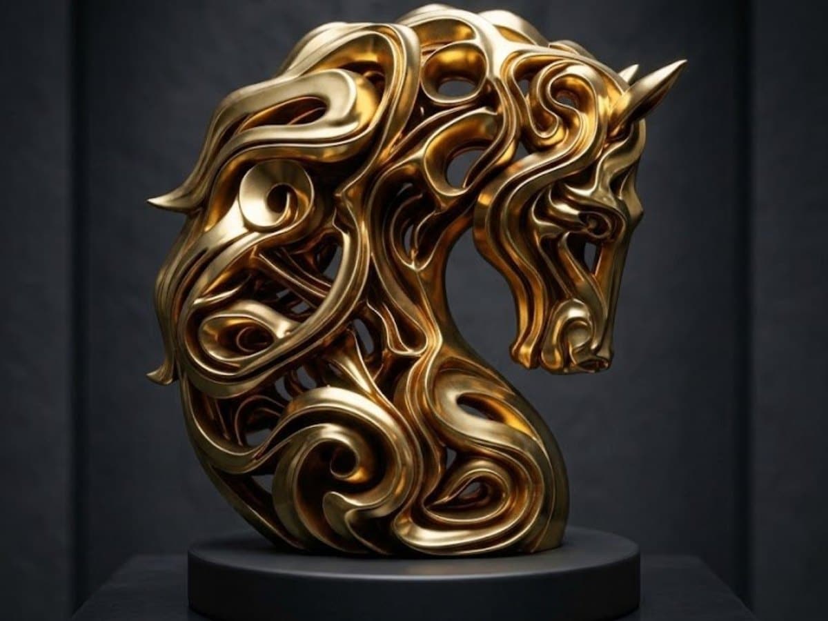 Sculpture d'une tête de cheval en volutes entrelacées, peinte à la main en doré