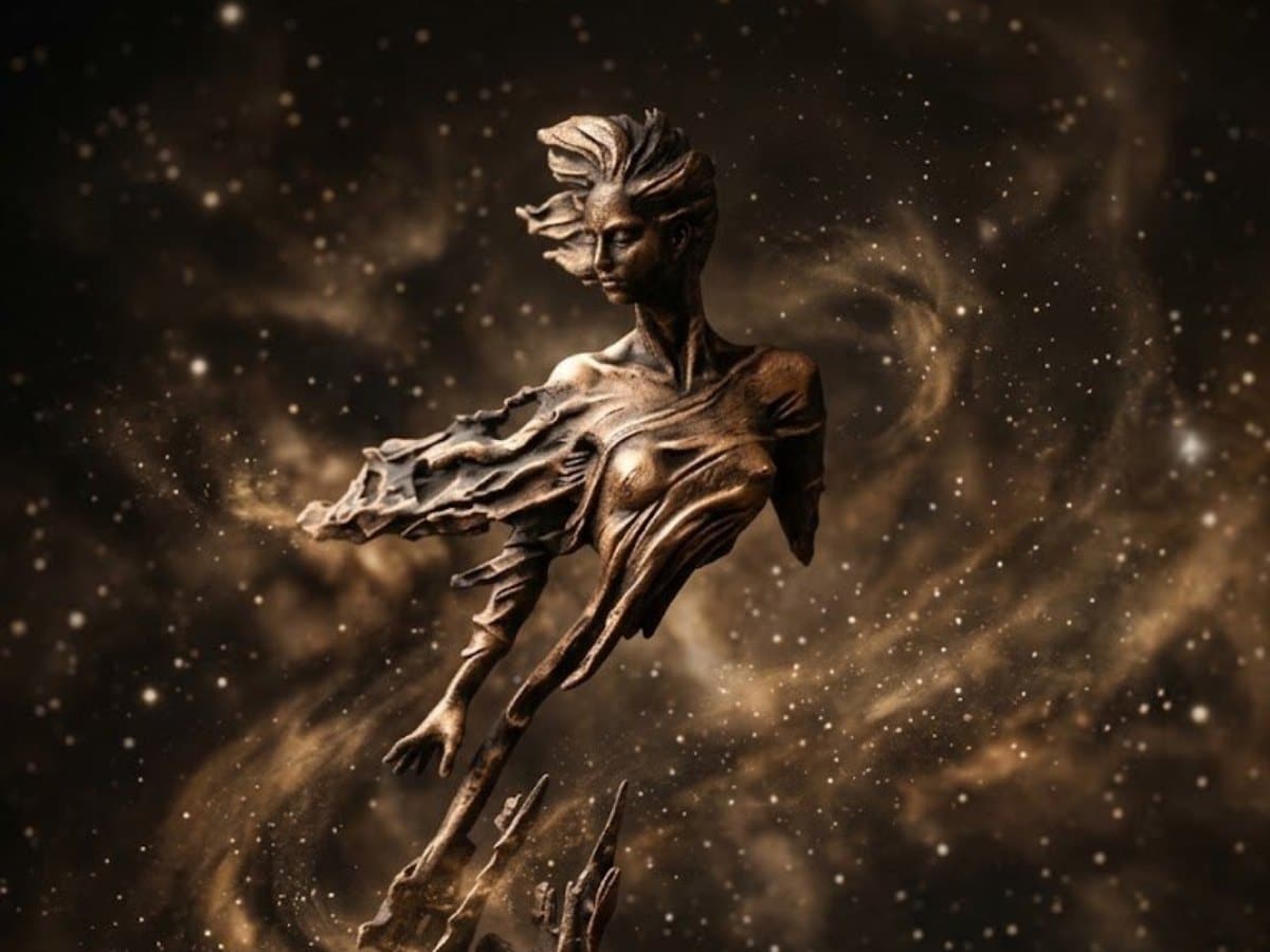 Sculpture d'une silhouette en suspension, patine cuivrée, dont le bas du corps se dissout en éclats