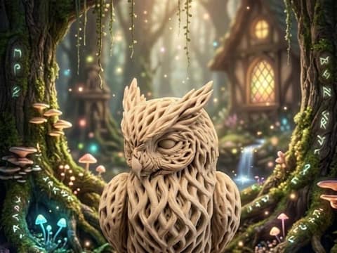 Chouette sculptée dans une forêt féerique