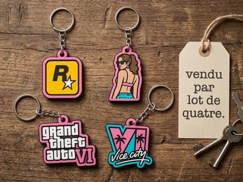 Quatre porte-clés aux logos pop-culture sur une planche en bois