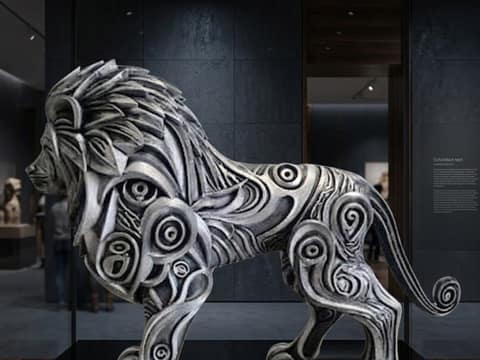 Lion sculpté à motifs argentés