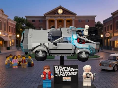 Voiture de collection en briques sur son support, devant la place d une ville miniature