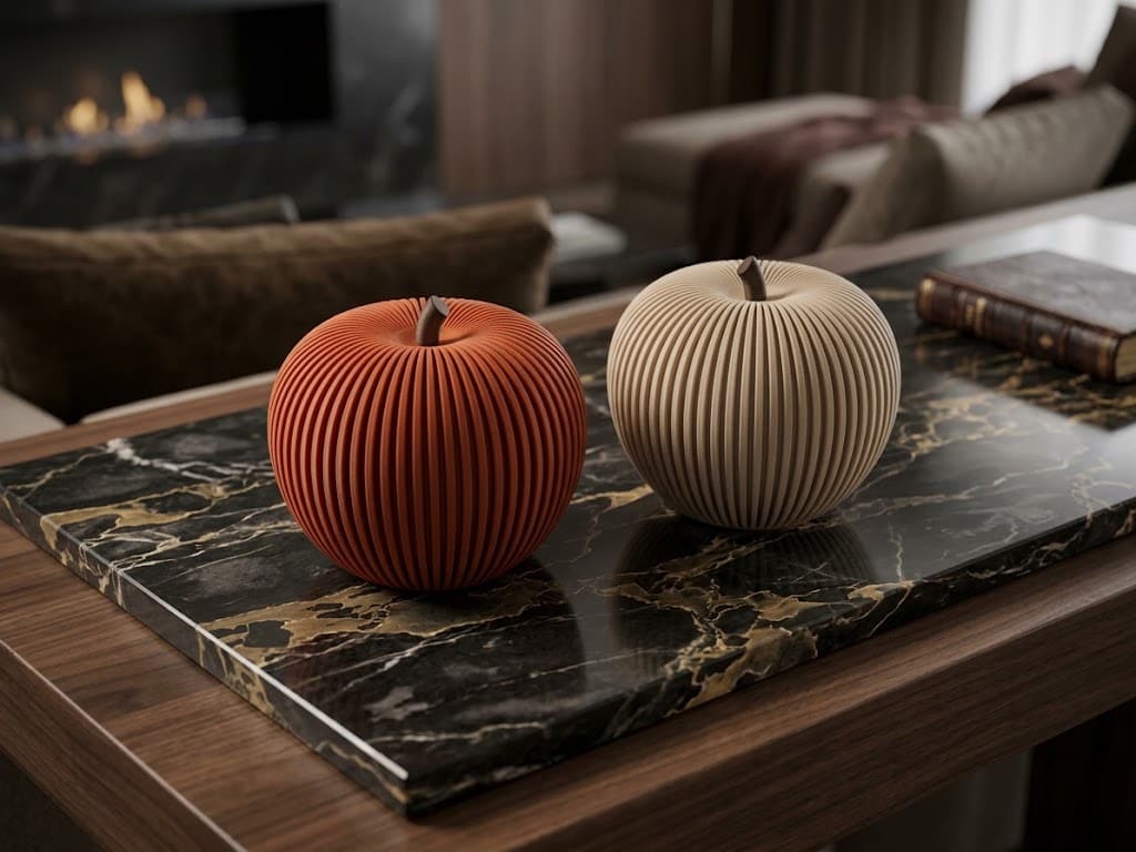 Deux pommes décoratives aux côtes ciselées, l'une terracotta et l'autre sable, posées côte à côte sur une table claire