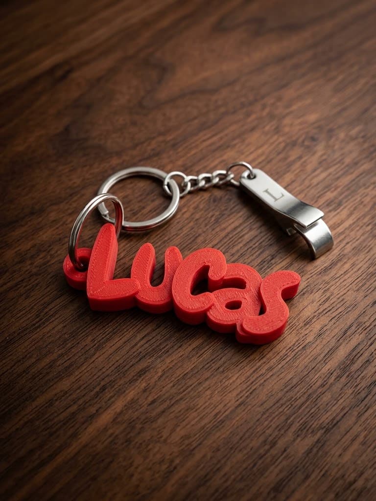 Porte-clés prénom « Lucas » rouge, lettres pleines en relief, posé sur une table en bois foncé