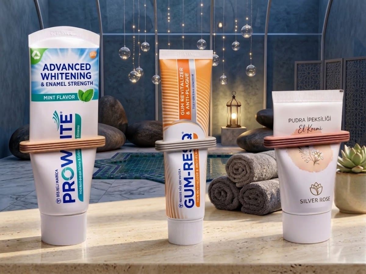 Trois presse-tubes posés sur des tubes de dentifrice et de crème
