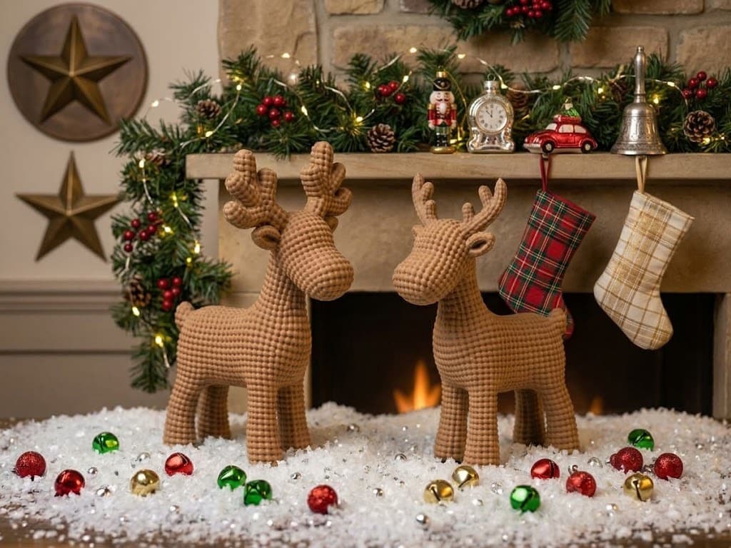 Deux rennes de Noël à la texture tricotée, l'un brun foncé et l'autre beige, posés sur un tissu doré parmi des guirlandes lumineuses