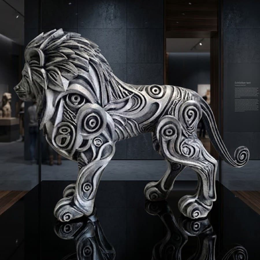Sculpture de lion aux motifs ciselés, peinte à la main en gris, présentée sur un socle sombre