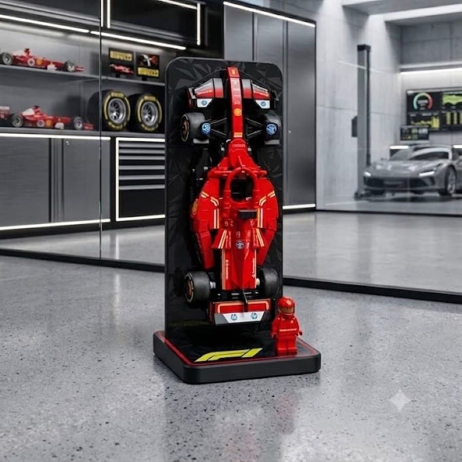 Support vertical noir présentant une monoplace de Formule 1 rouge dressée à la verticale, dans un garage de collection