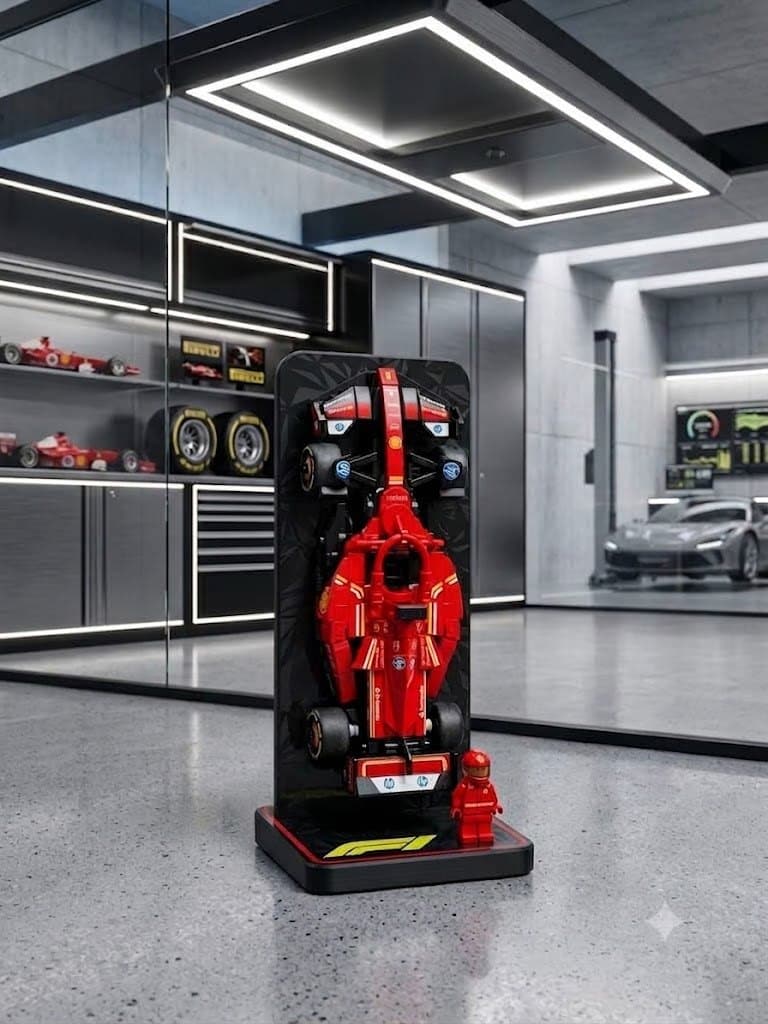 Le support noir présentant une monoplace rouge, dans un garage de collection