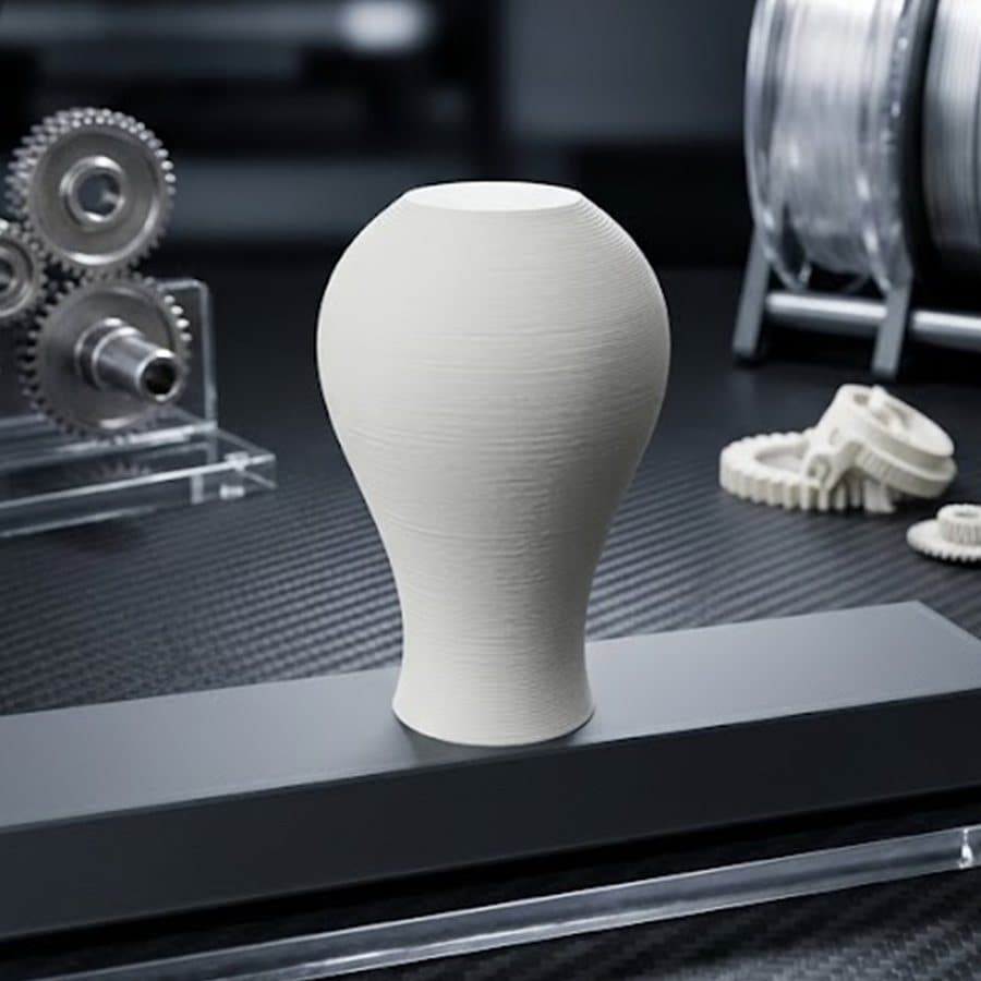 Tampon encreur imprimé en 3D, manche galbé blanc cassé, posé sur un plan de travail